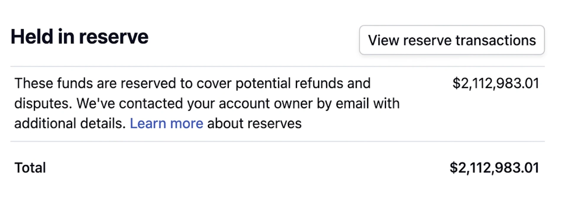 Stripe dashboard: Held in reserve — $2,112,983.01