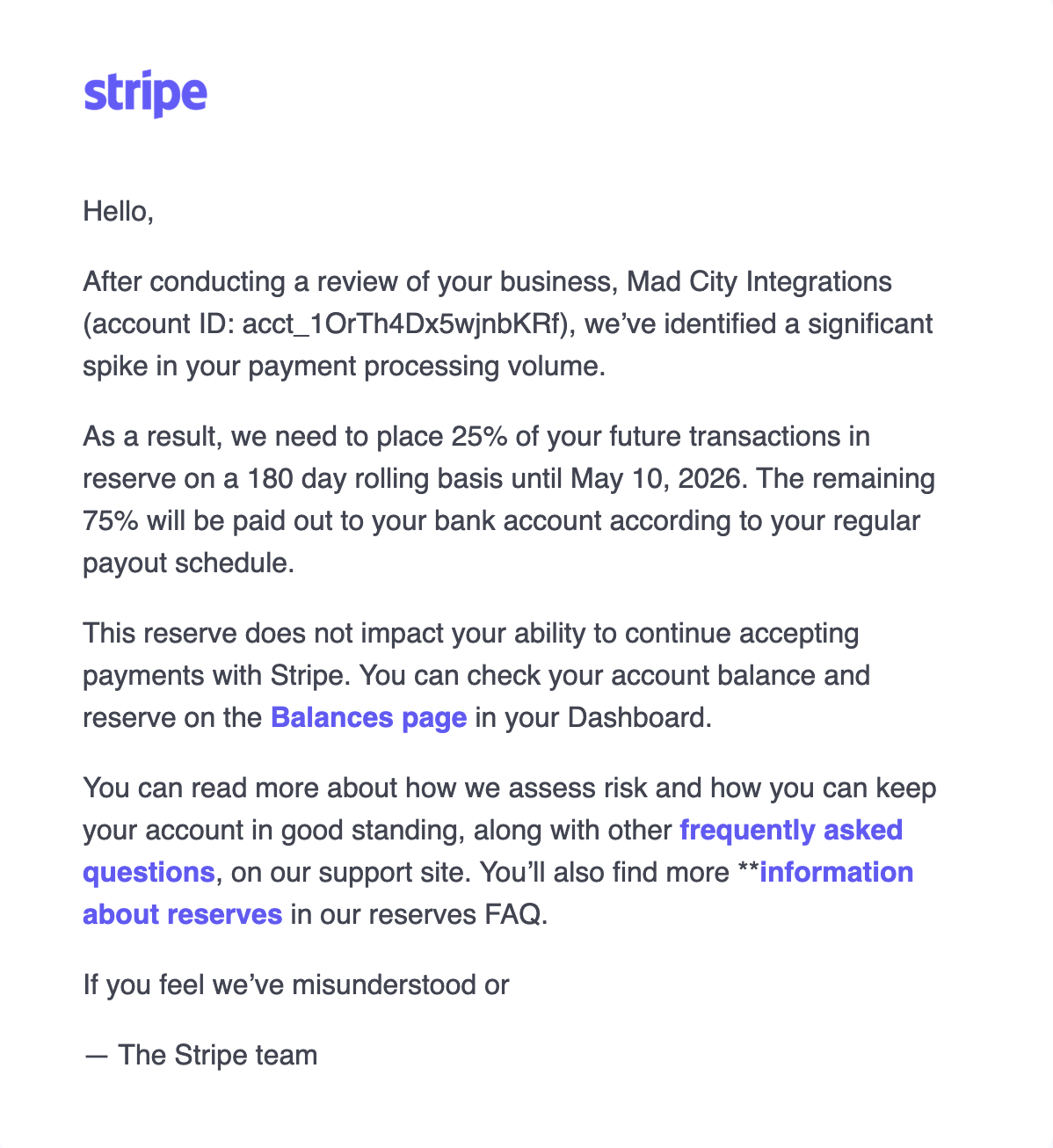 Email from Stripe: 25% of transactions held in reserve on a 180-day rolling basis